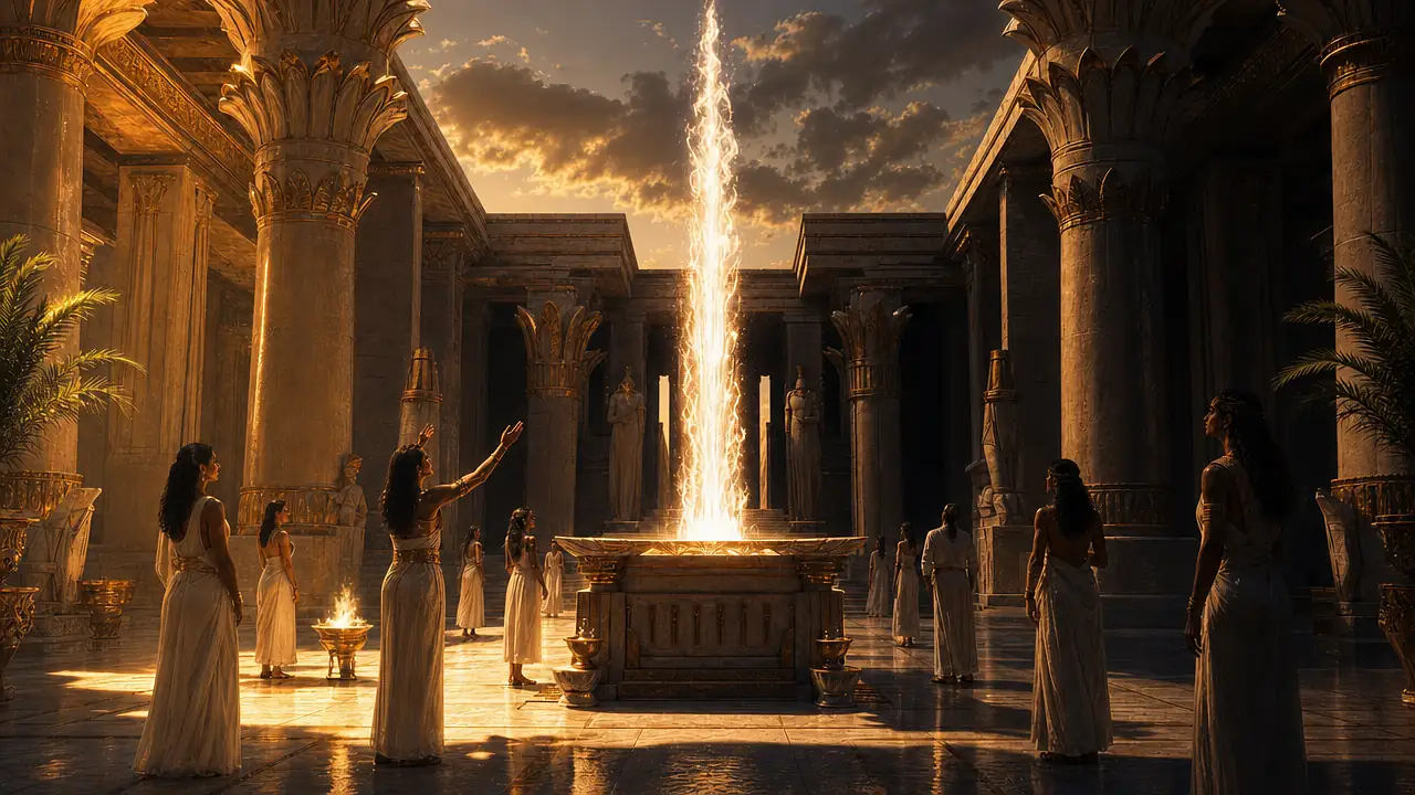 Llama blanca de ascensión sobre un altar en un patio de templo egipcio