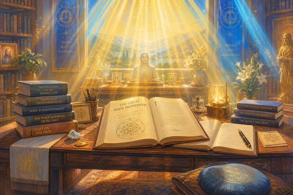 Estudio profundo de la Hermandad Blanca con libros y luz de sabiduría