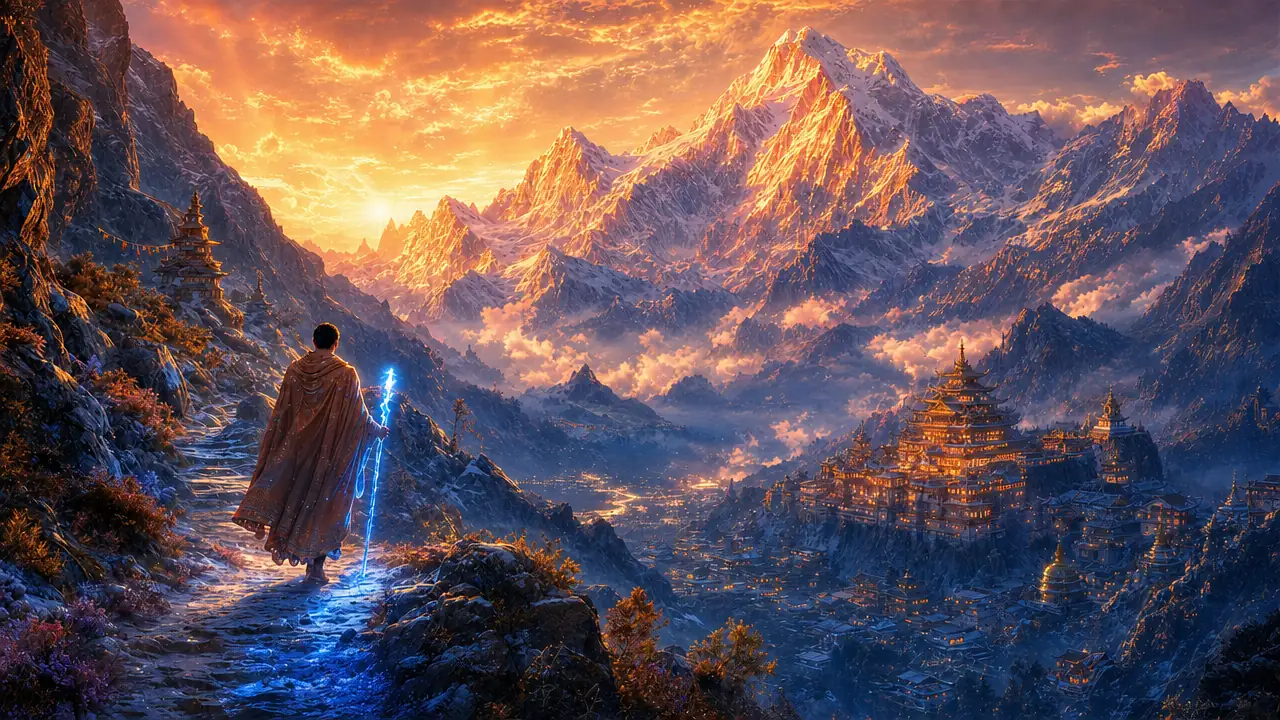 Caminante con un bastón de luz azul en un paso de montaña al amanecer