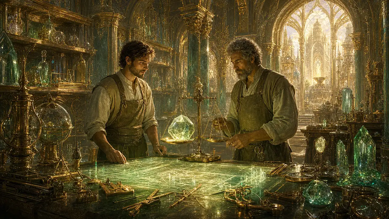 Taller de precisión con instrumentos, un cristal en la balanza y planos luminosos