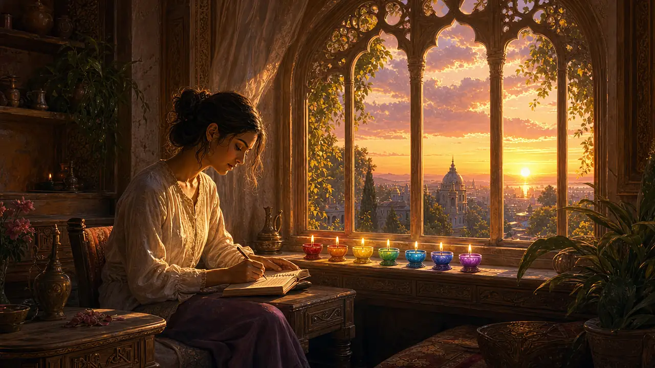 Persona escribiendo junto a siete pequeñas lámparas de colores