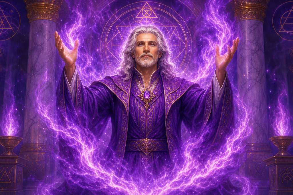 Saint Germain invocando la Llama Violeta de transmutación espiritual