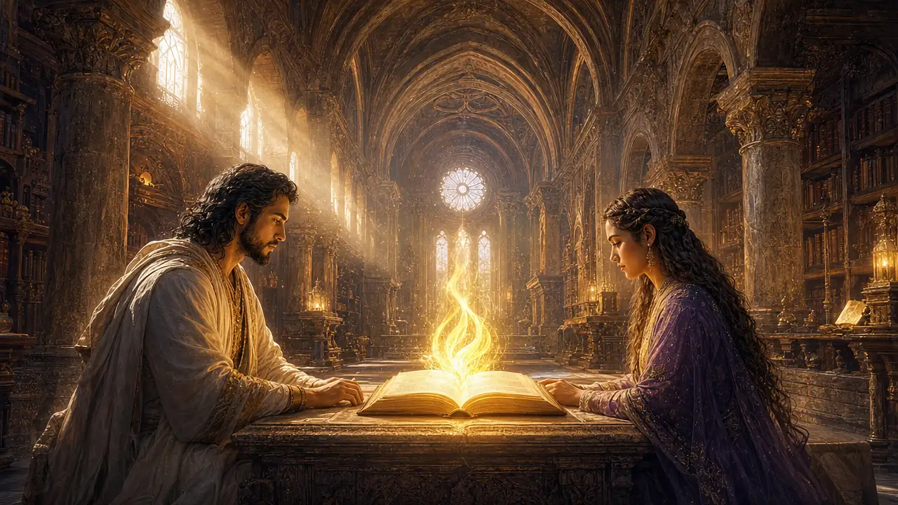 Llama amarilla sobre un libro abierto en una biblioteca de claustro