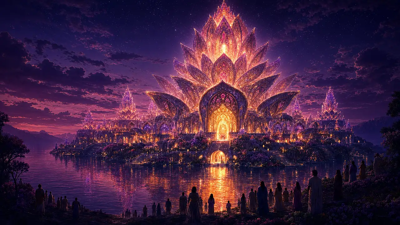 Templo en forma de rosa de luz sobre el mar, en púrpura y oro