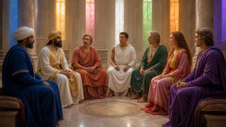 Siete figuras reunidas en un consejo sereno, acompañadas por los colores de los siete rayos