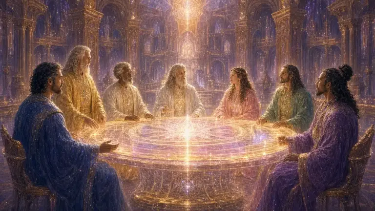 Siete figuras alrededor de una mesa de luz, una por cada rayo