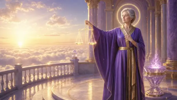 Lady Portia, de cabello corto plateado y túnica violeta con estola dorada, sostiene una balanza de luz dorada en una terraza de mármol sobre las nubes al amanecer, junto a una pequeña llama violeta