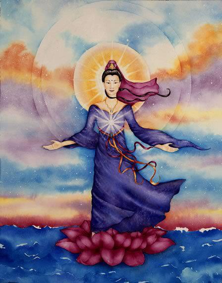 Kwan Yin - imagen multicolor china fondo nubes