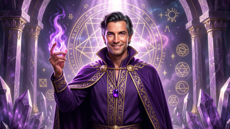 Saint Germain, Maestro Ascendido del Séptimo Rayo Violeta, sosteniendo la llama violeta en un templo cristalino