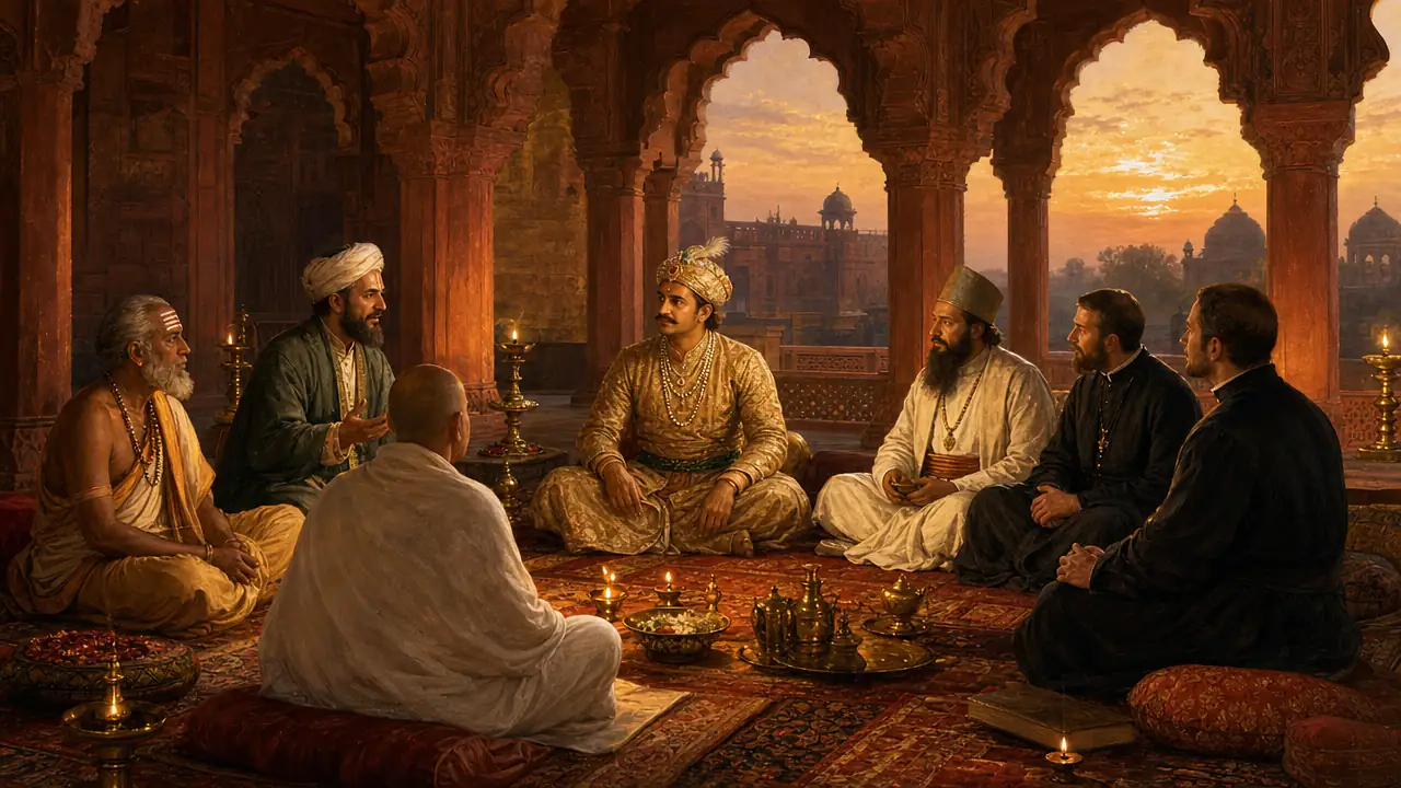 El emperador Akbar escucha sentado entre sabios hindúes, musulmanes, jainistas, zoroastrianos y jesuitas en una sala mogol de piedra roja iluminada por lámparas