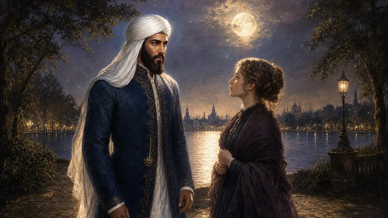 Una joven Helena Blavatsky mira con asombro a un príncipe indio de turbante blanco junto al lago Serpentine de Hyde Park, de noche y bajo la luna