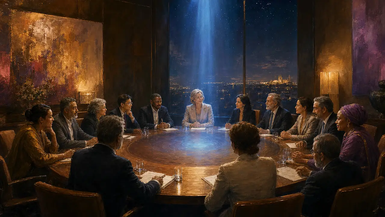 Personas de distintas edades y orígenes deliberan alrededor de una mesa redonda de noche mientras un hilo de luz azul entra por la ventana y se posa sobre ellas