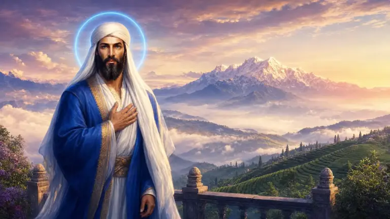 El Morya, con turbante blanco y túnica azul profundo, con la mano en el corazón en una terraza del Himalaya al amanecer, con los jardines de té de Darjeeling y el Kanchenjunga al fondo