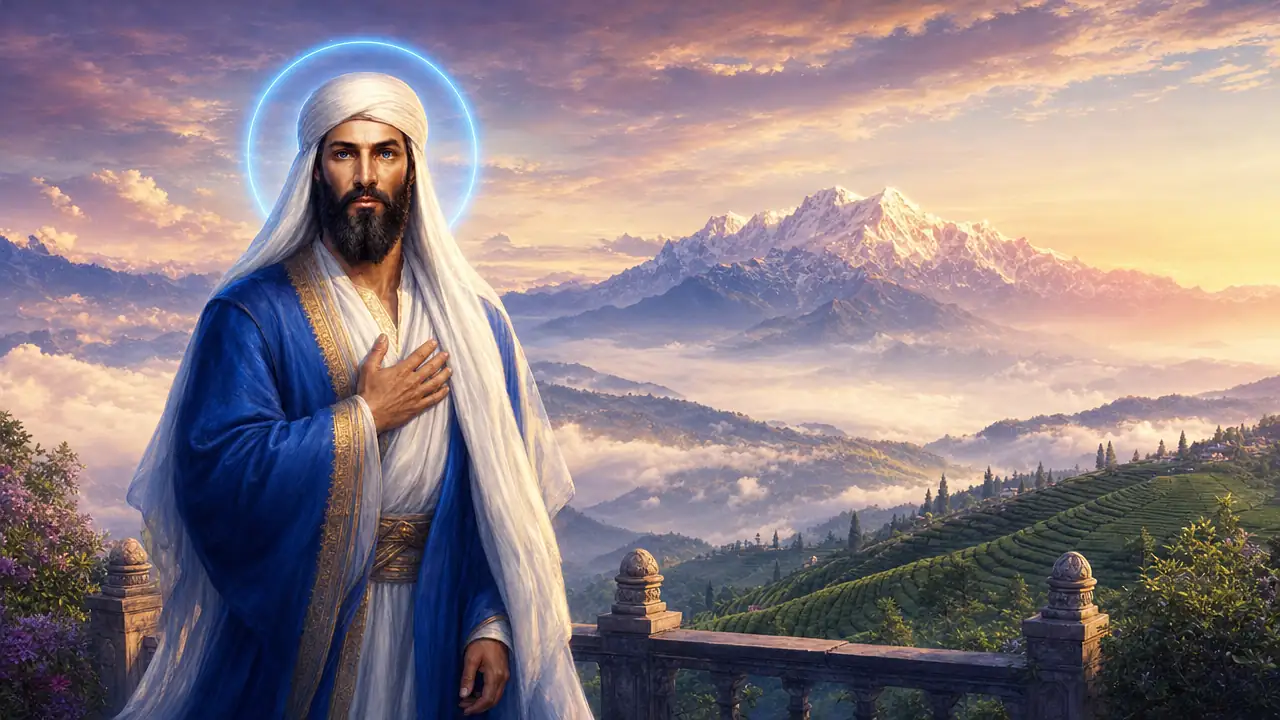 El Morya, con turbante blanco y túnica azul profundo, con la mano en el corazón en una terraza del Himalaya al amanecer, con los jardines de té de Darjeeling y el Kanchenjunga al fondo