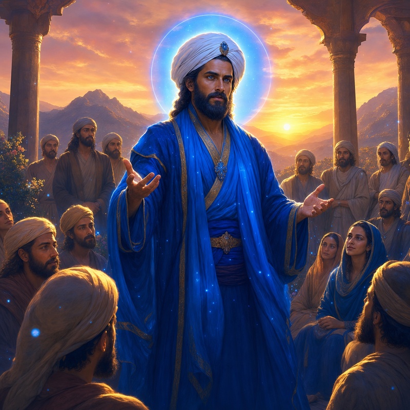 El Morya enseñando sabiduría divina a estudiantes en corte celestial al atardecer
