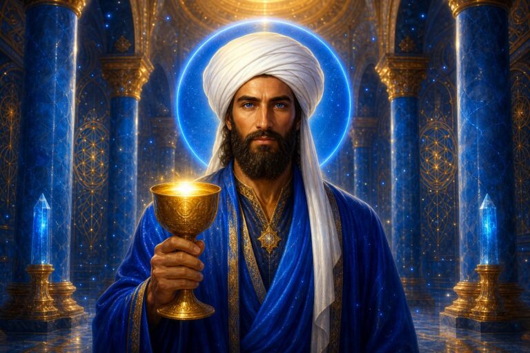 El Morya Chohan del Primer Rayo Azul en templo celestial de Voluntad Divina con cáliz dorado