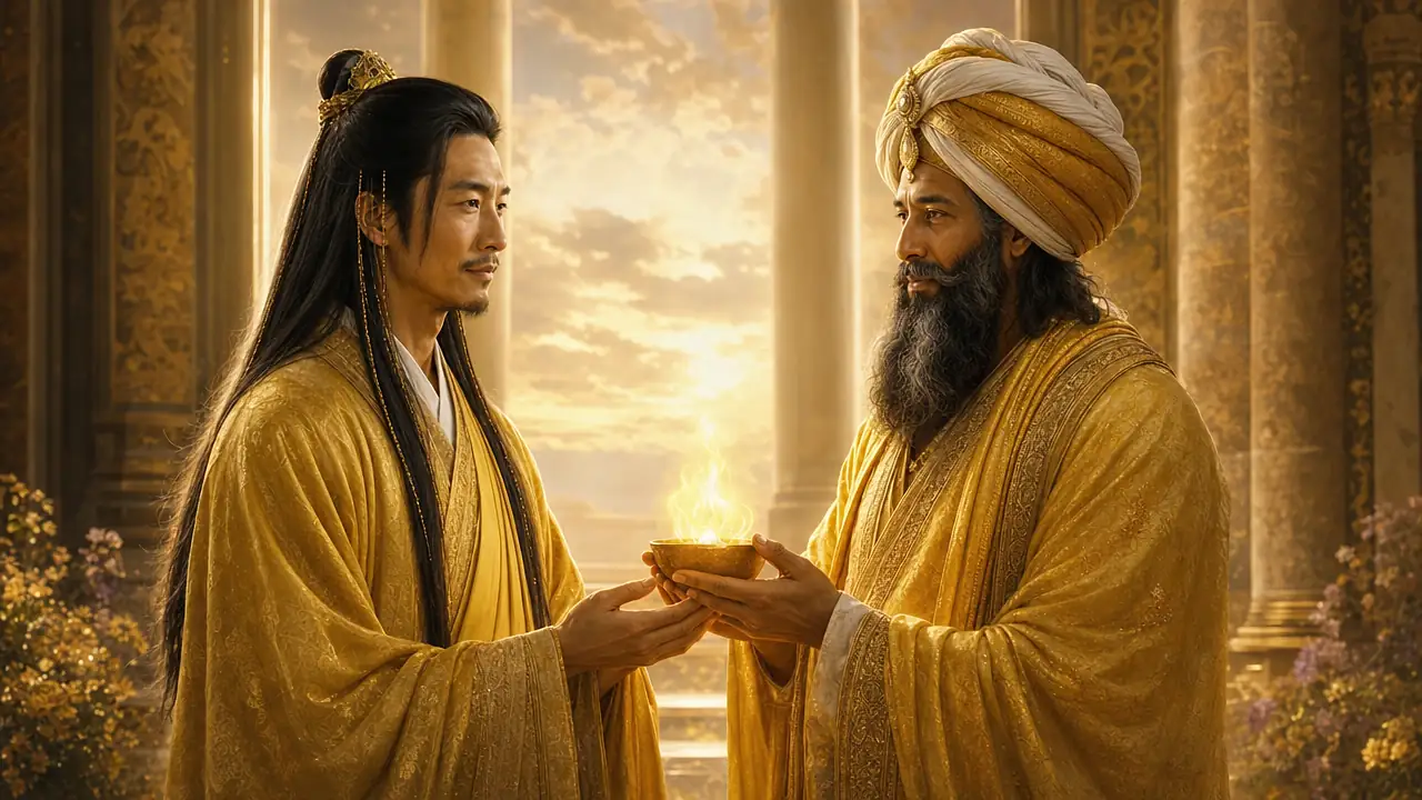 El Maestro Kuthumi, con turbante dorado y blanco, pone en manos de Lord Lanto un cuenco con una llama dorada en una sala de columnas llena de luz