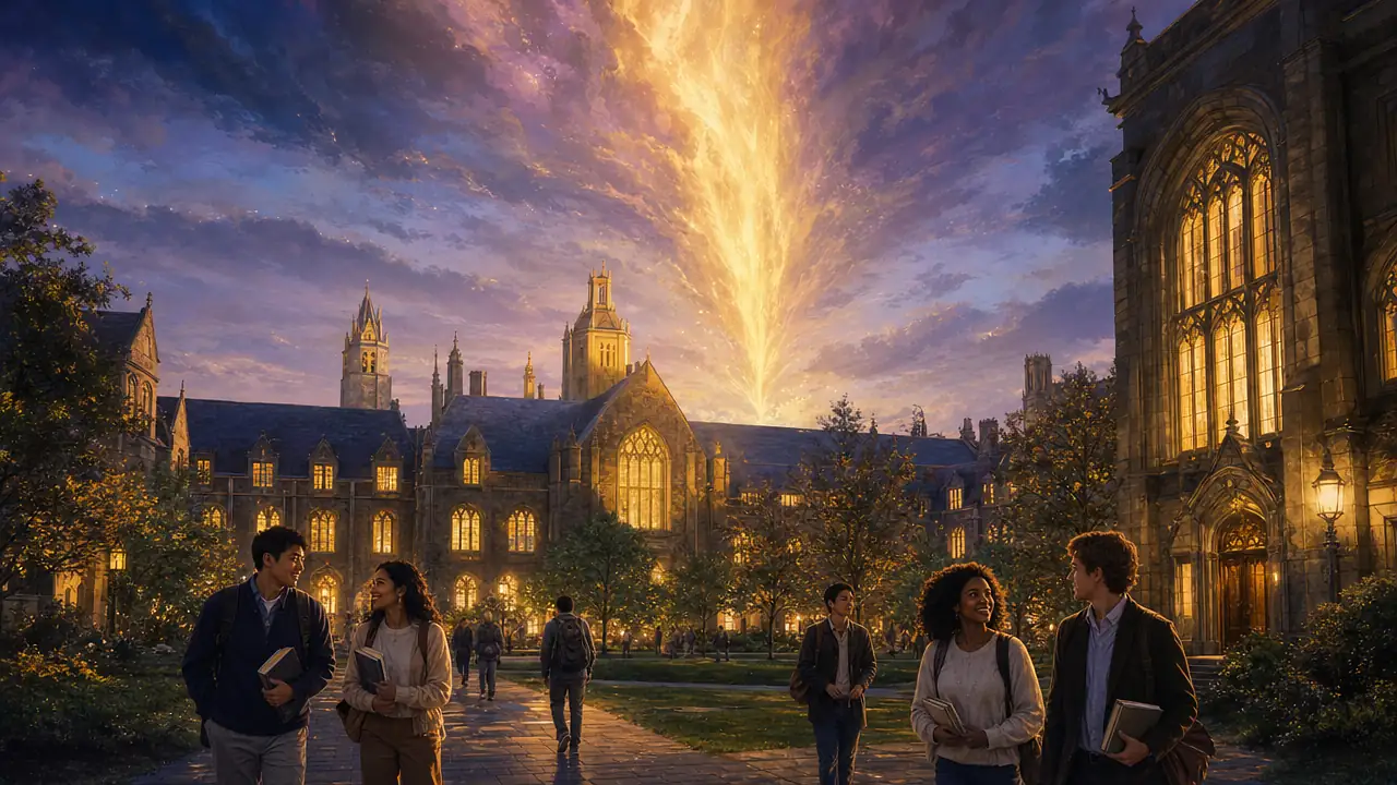 Estudiantes caminan con libros por el patio de una universidad antigua al anochecer mientras una gran llama de luz dorada se eleva en el cielo sobre los edificios