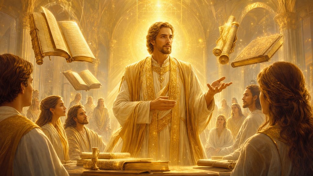 Lord Lanto enseñando en un templo de sabiduría iluminado por el Segundo Rayo