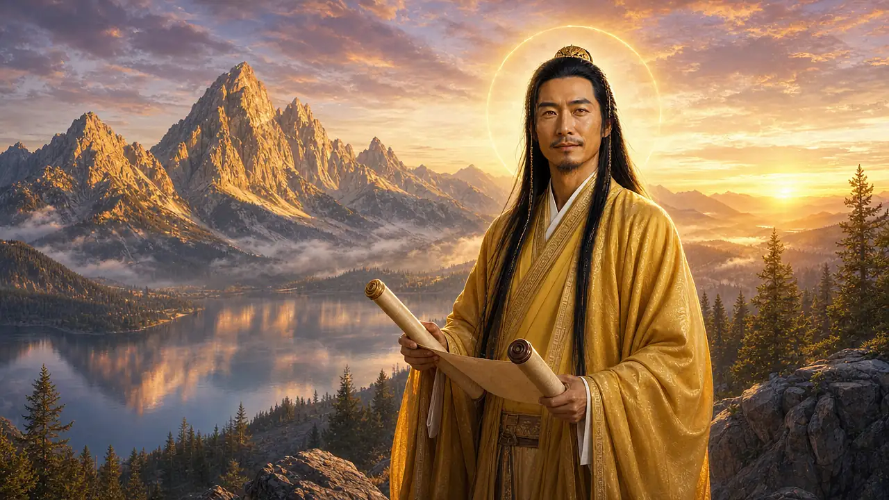 Lord Lanto, de cabello largo y negro con hilos dorados y túnica de seda dorada, sostiene un pergamino en una roca de la cordillera Teton al amanecer, con un lago y picos de granito al fondo