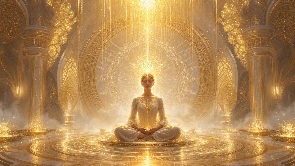 Energía del Segundo Rayo Dorado iluminando el chakra corona y la conciencia superior