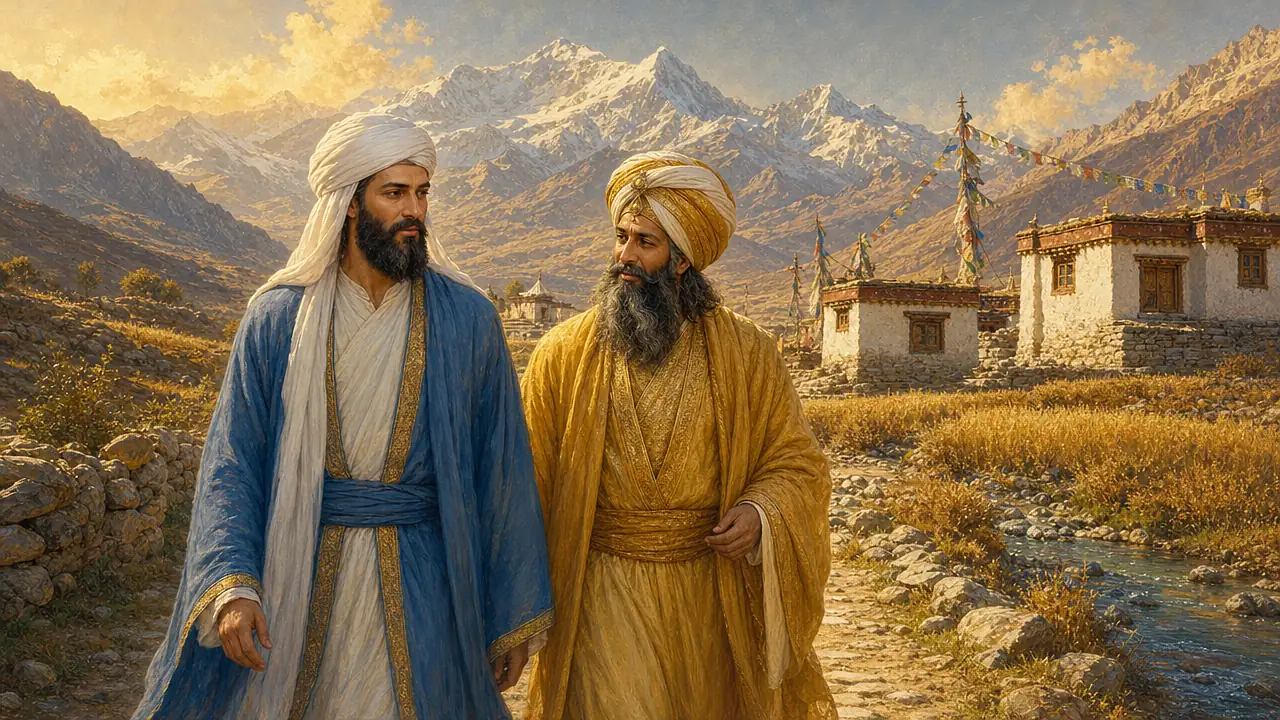 El Maestro Morya, de azul y turbante blanco, y el Maestro Kuthumi, de dorado, caminan juntos por un valle tibetano junto a dos casas blancas y montañas nevadas