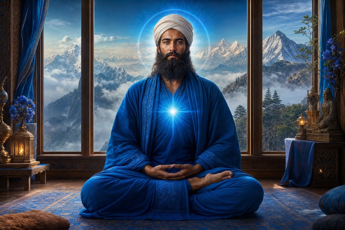 El Morya meditando en ashram de Darjeeling con vista al Himalaya