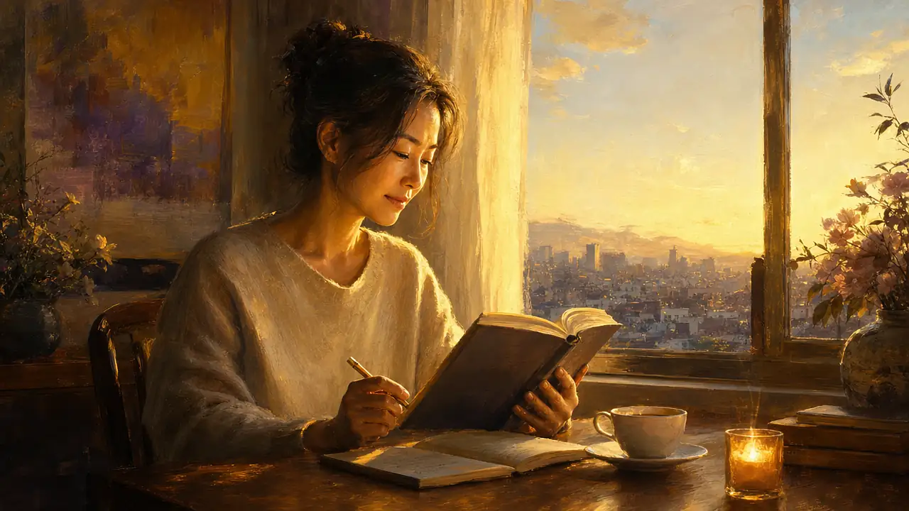 Una mujer lee con calma junto a una ventana al amanecer, con un lápiz en la mano, un cuaderno abierto, una taza de té y una vela encendida sobre la mesa