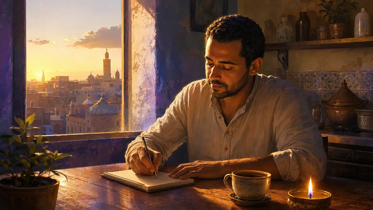 Un hombre escribe con calma en un cuaderno junto a una taza de café y una vela encendida, al amanecer, frente a una ventana con la ciudad despertando