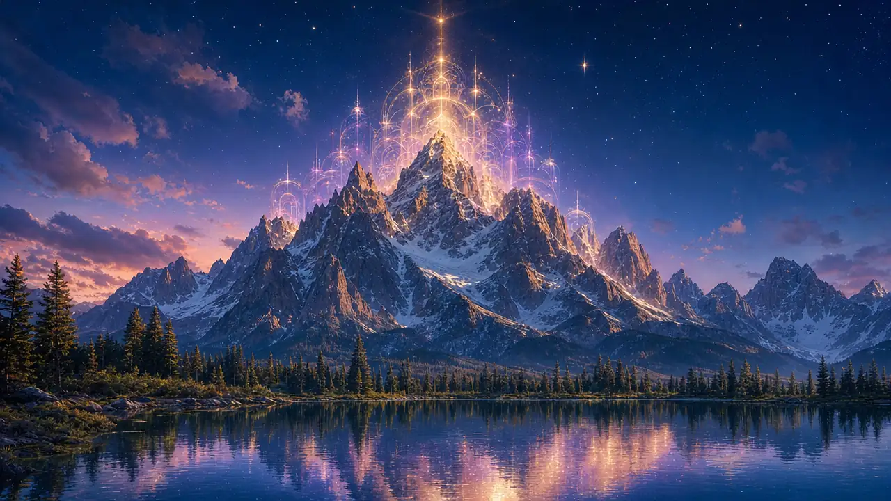 La cordillera Teton al anochecer reflejada en un lago, con una luz dorada translúcida en forma de templo sobre la cumbre más alta