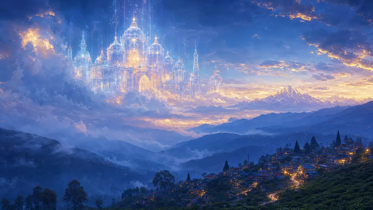 Un templo de luz azul y blanca, translúcido, flota entre las nubes sobre las colinas de Darjeeling al anochecer