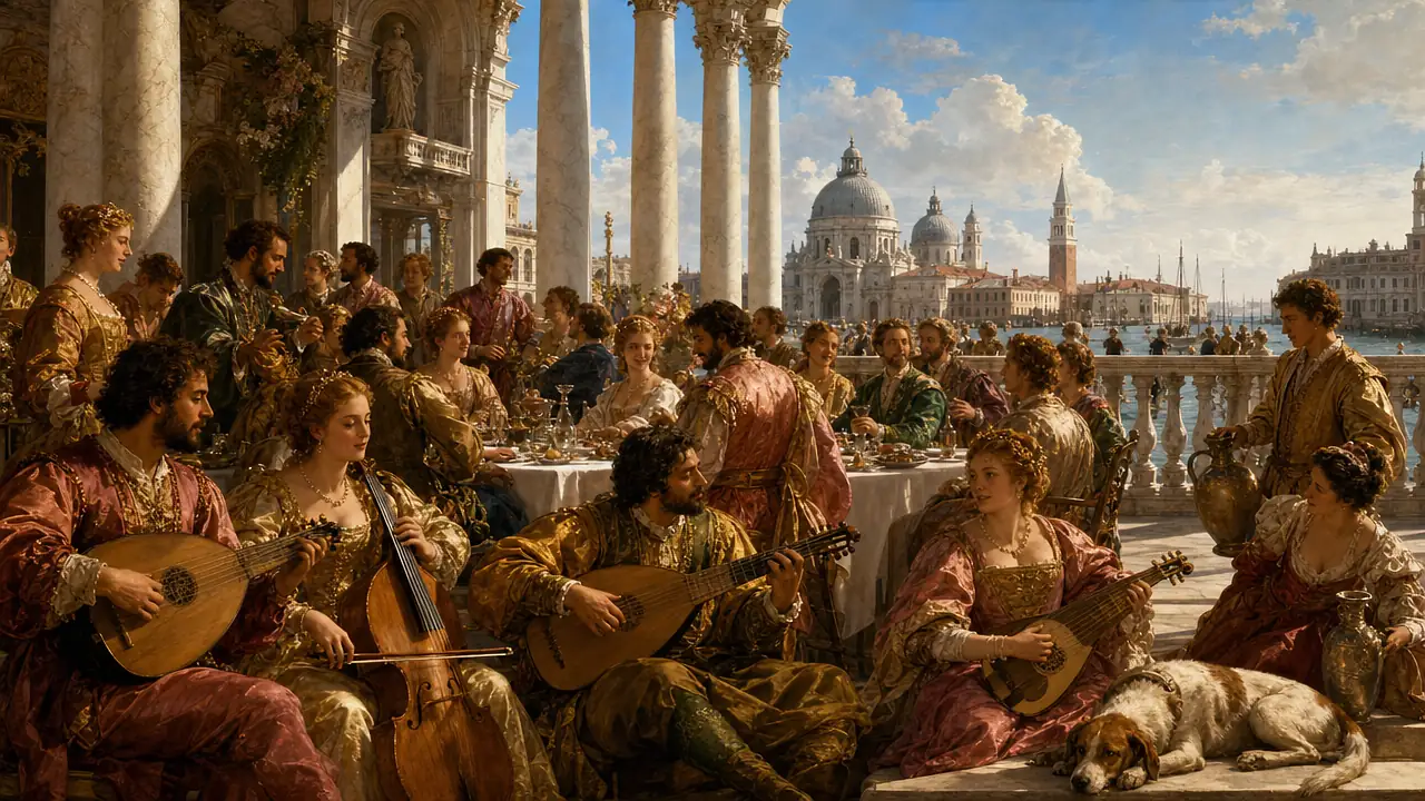 Un gran banquete renacentista en una loggia de columnas blancas bajo el cielo azul, con invitados vestidos de seda, músicos con laúdes y viola y sirvientes con ánforas