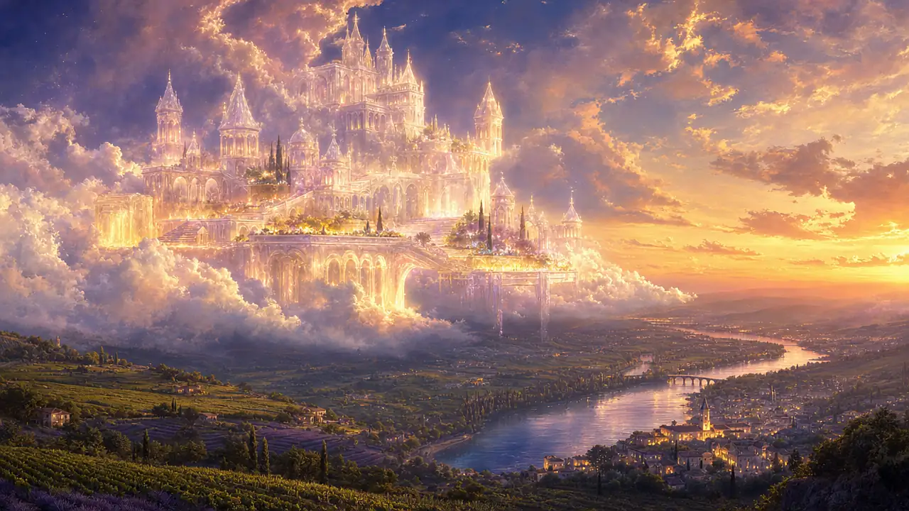 Un castillo de luz nacarada, rosa y dorada flota entre las nubes sobre el valle del Ródano, con viñedos, campos de lavanda y un pueblo de Provenza al anochecer
