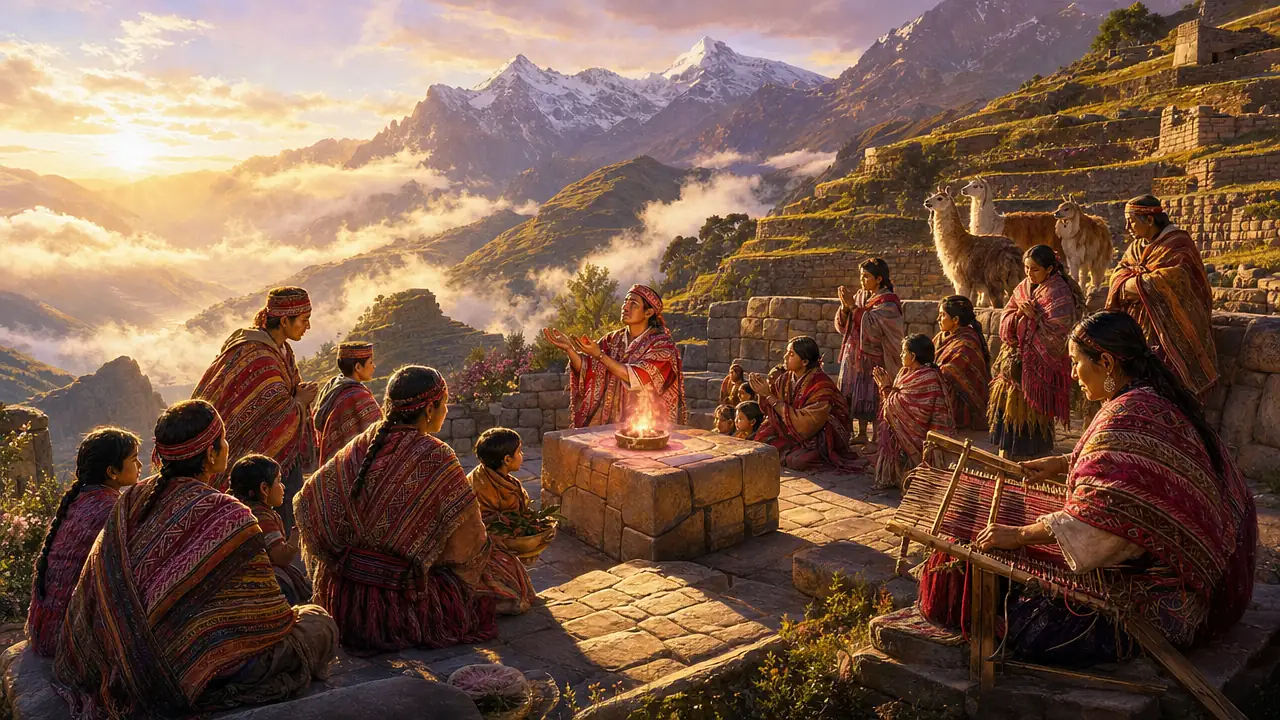 Una pequeña llama rosa y dorada arde sobre un altar de piedra de estilo inca en lo alto de los Andes, rodeada de familias andinas con tejidos de colores al amanecer