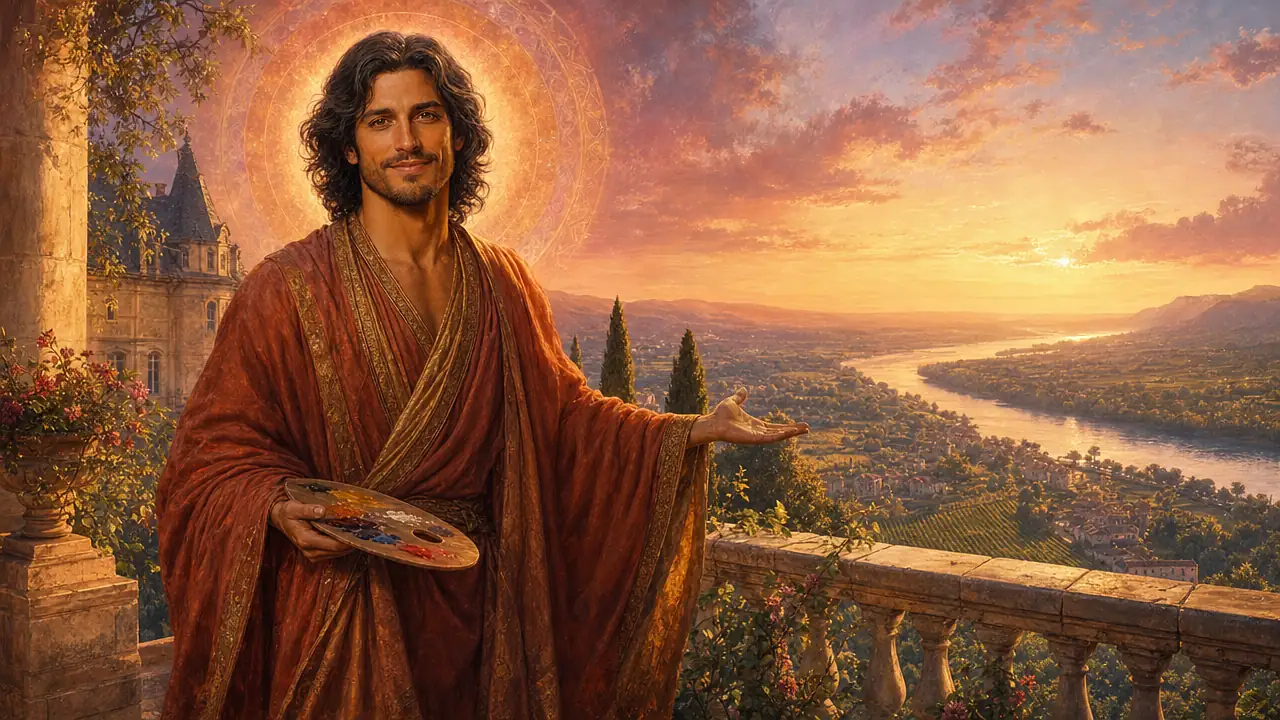 Pablo el Veneciano, de cabello oscuro ondulado y túnica terracota y rosa, sostiene una paleta de pintor en la terraza de un castillo sobre el valle del Ródano al atardecer, con un halo de luz rosa y dorada