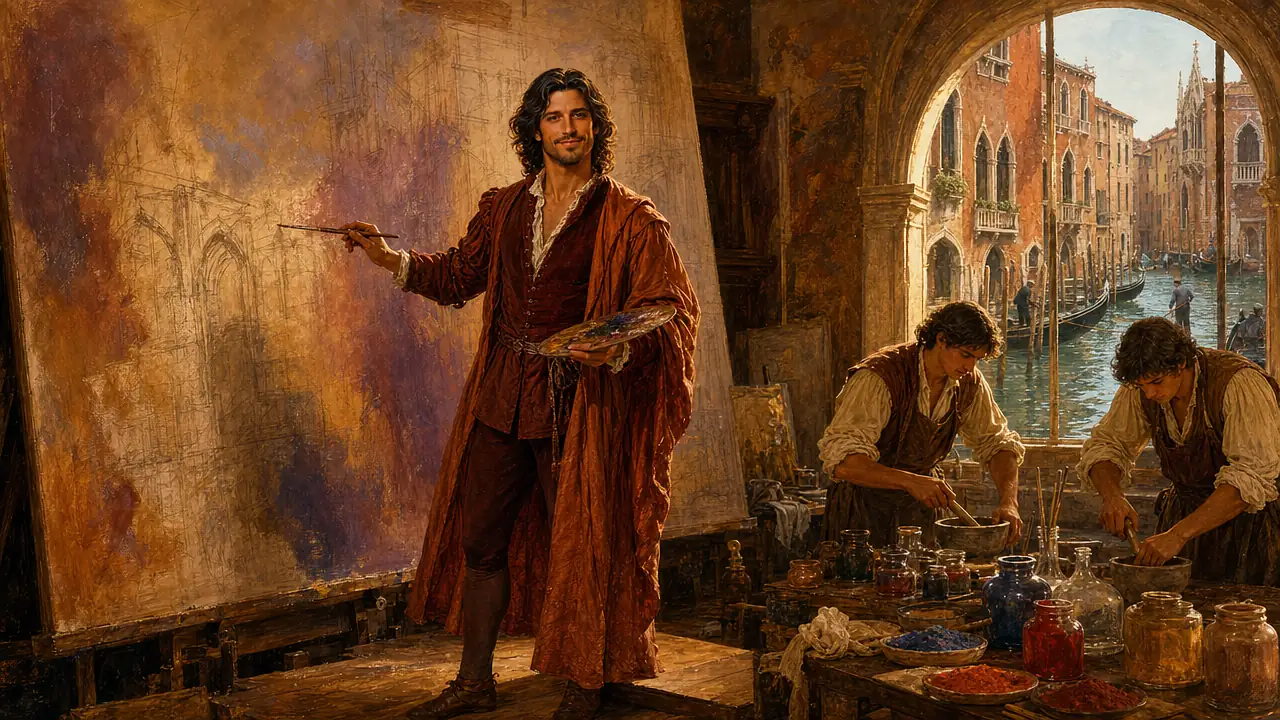 Paolo Veronese pinta un gran lienzo en su taller veneciano del siglo XVI mientras dos aprendices muelen pigmentos junto a una ventana abierta al canal