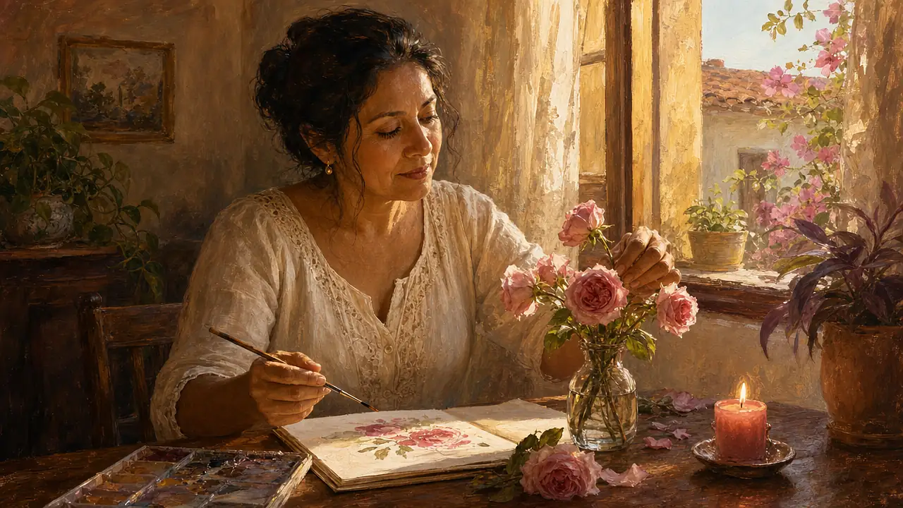 Una mujer coloca rosas en un pequeño jarrón junto a un cuaderno con una acuarela de flores y una vela rosa, junto a una ventana con luz de mañana