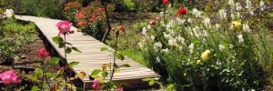 jardin con un puente de madera y flores