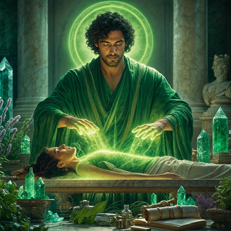 Maestro Hilarion realizando ceremonia de sanación con luz verde en templo