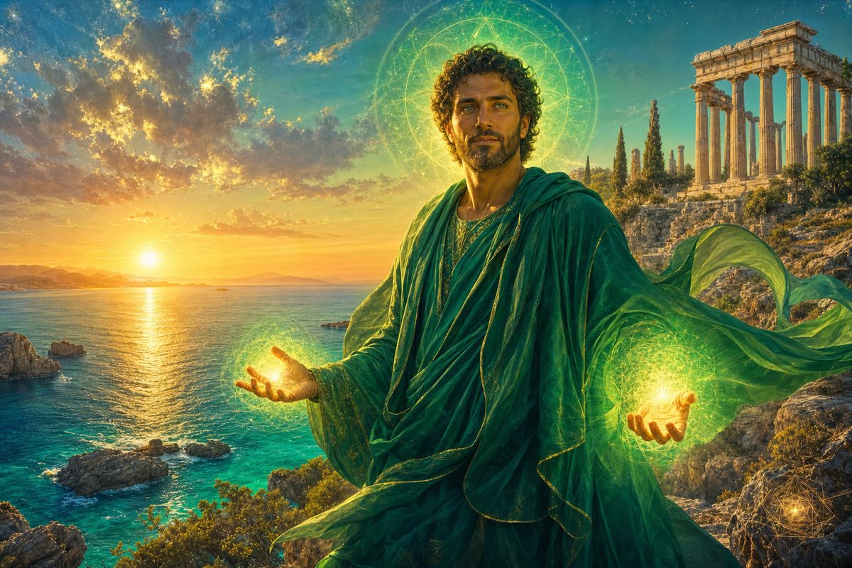 Hilarion contemplando el mar desde Creta con luz sanadora