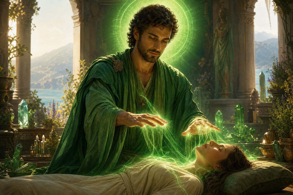 Hilarion realizando ceremonia de sanación con luz verde