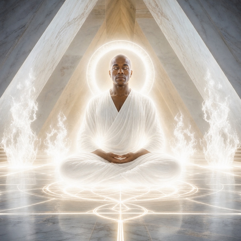 Serapis Bey meditando en pirámide de mármol blanco con llama de ascensión