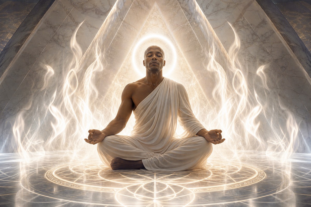 Serapis Bey meditando en pirámide de cristal blanco