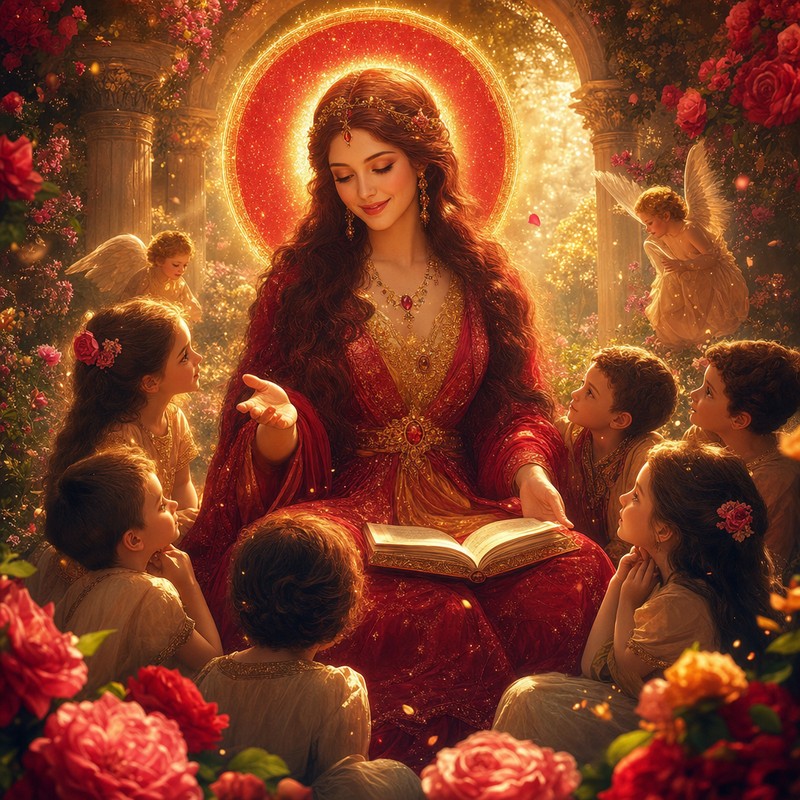 Lady Nada enseñando a niños en jardín celestial rodeada de rosas y ángeles
