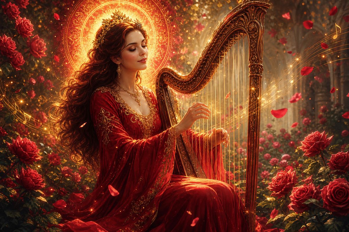 Lady Nada tocando arpa celestial en jardín de rosas