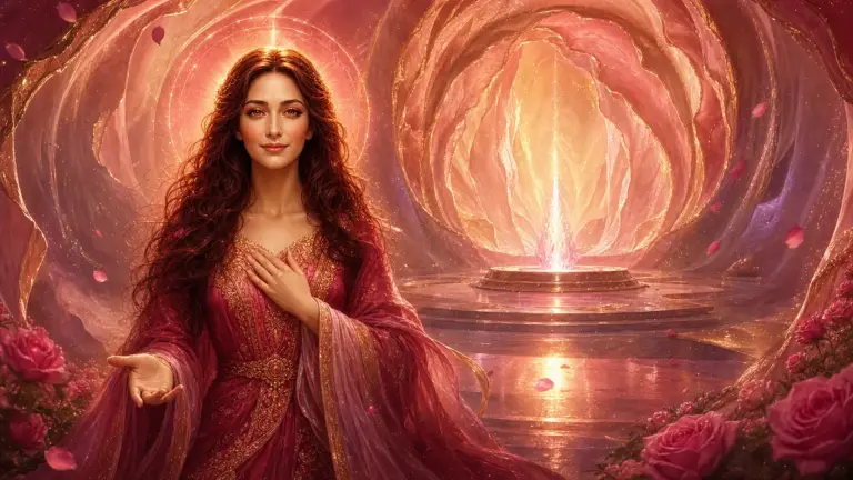 Lady Nada, de largo cabello castaño rojizo y vestido rubí bordado en oro, con una mano en el corazón y la otra abierta en gesto de bienvenida, en una cámara con forma de rosa donde arde una llama rosa y dorada