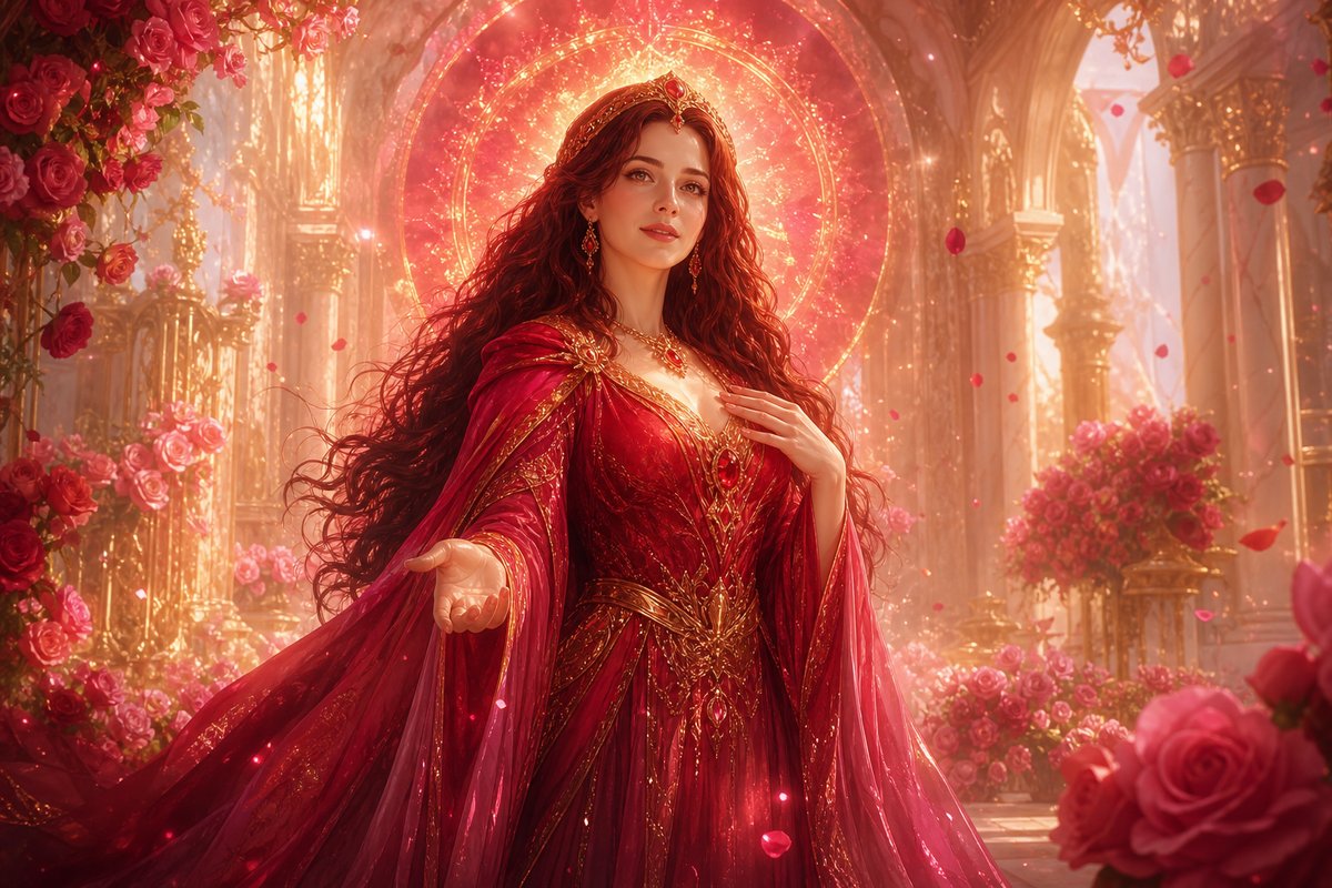Lady Nada en el Templo de Rosas con luz rubí-dorada