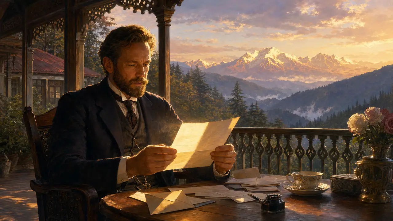 Un caballero victoriano con barba lee una carta en la terraza de madera de una casa de Simla, con otras cartas sobre la mesa y el Himalaya al atardecer
