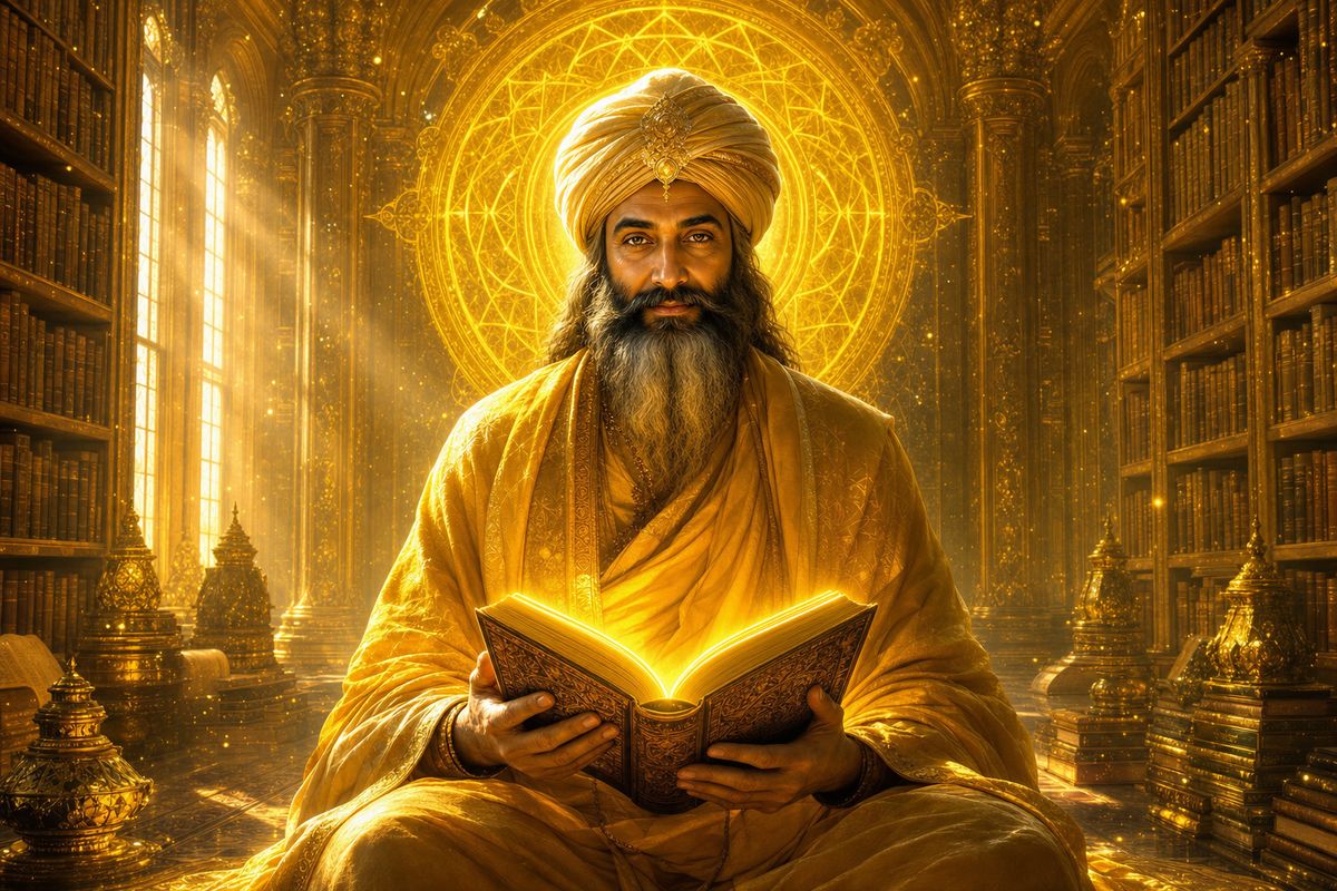 Maestro Kuthumi Chohan del Segundo Rayo Dorado en biblioteca celestial de Sabiduría