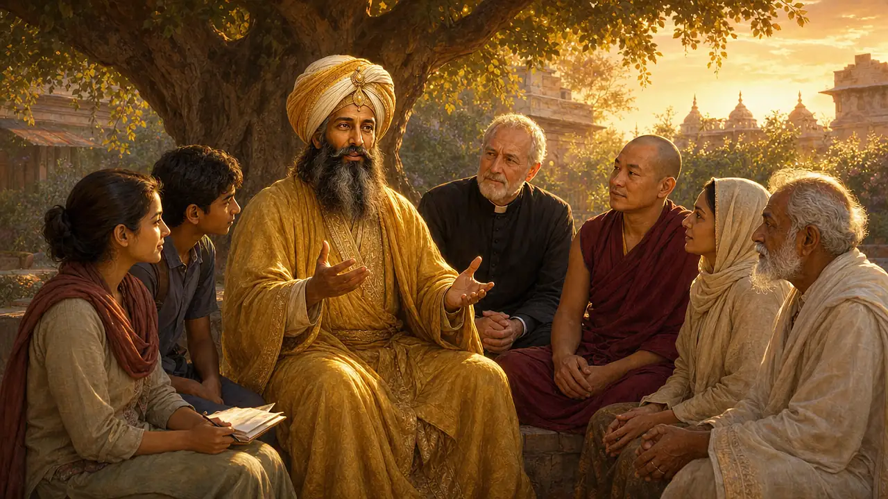El Maestro Kuthumi, de túnica dorada, habla bajo un gran árbol al atardecer a un círculo formado por una maestra, un estudiante, un sacerdote, un monje budista, una mujer musulmana y un anciano hindú